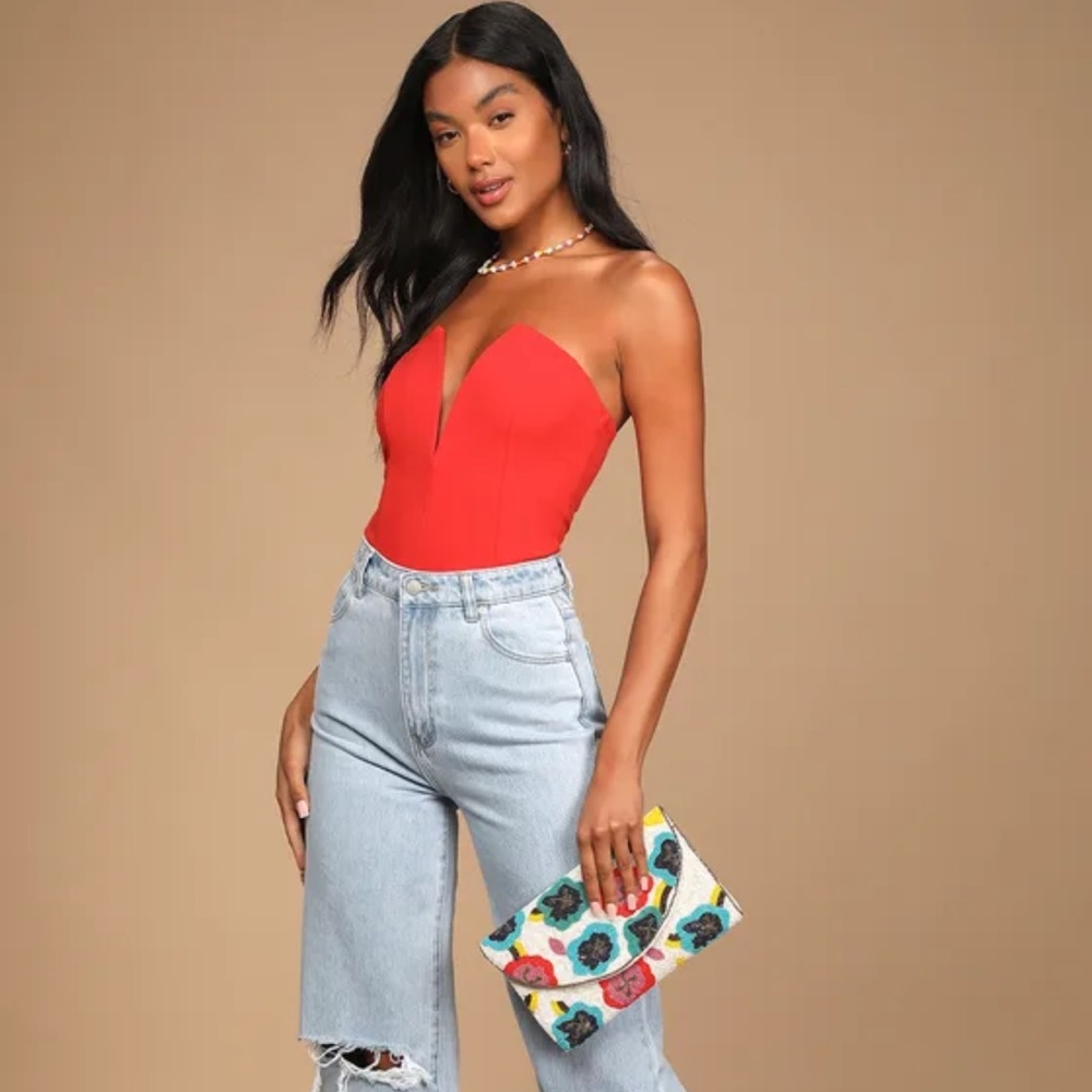 Babe Alert Red Notched Strapless Bodysuit